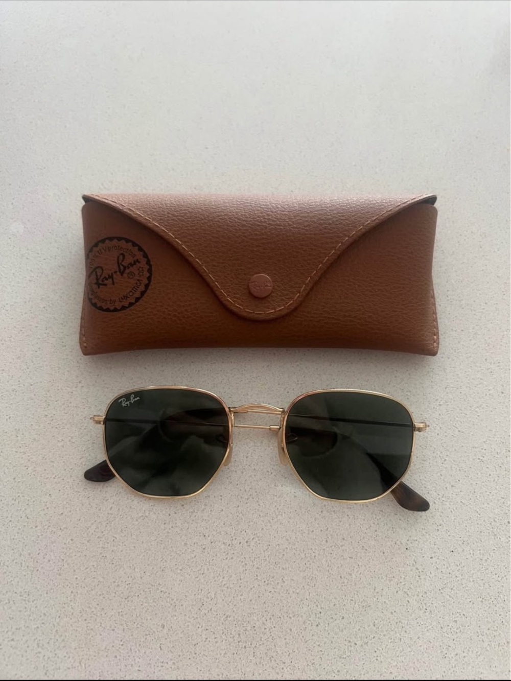 Ray-Ban Gold Frame Sunglasses with Dark Green Lenses - used like new